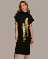 Donna Karan New York Women's Short Sleeve Metallic Print Sweater Dress