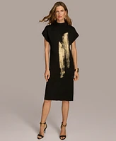 Donna Karan New York Women's Short Sleeve Metallic Print Sweater Dress