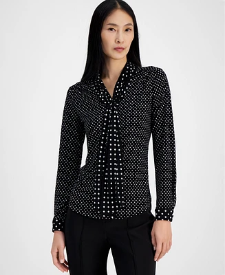 Anne Klein Women's Dot-Print Mixed-Media Tie-Neck Blouse