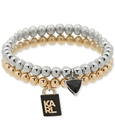 Karl Lagerfeld Paris Two-Tone 2-Pc. Set Logo Lock Charm Beaded Stretch Bracelets