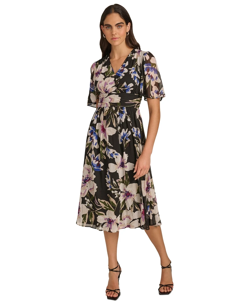 Calvin Klein Women's Floral Chiffon Flutter-Sleeve Dress