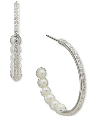 Anne Klein Silver-Tone Small Pave & Imitation Pearl Hoop Earrings, 0.85"