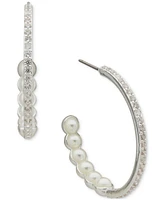 Anne Klein Silver-Tone Small Pave & Imitation Pearl Hoop Earrings, 0.85"