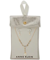 Anne Klein Gold-Tone Crystal & Studded Imitation Pearl Lariat Necklace & Drop Earrings Set