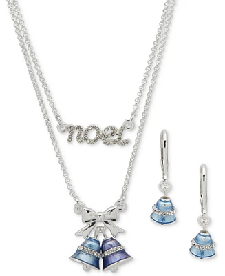 Anne Klein Silver-Tone Pave Noel Bell Layered Pendant Necklace & Drop Earrings Set