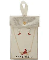 Anne Klein Gold-Tone Cardinal Pendant Necklace & Drop Earrings Set