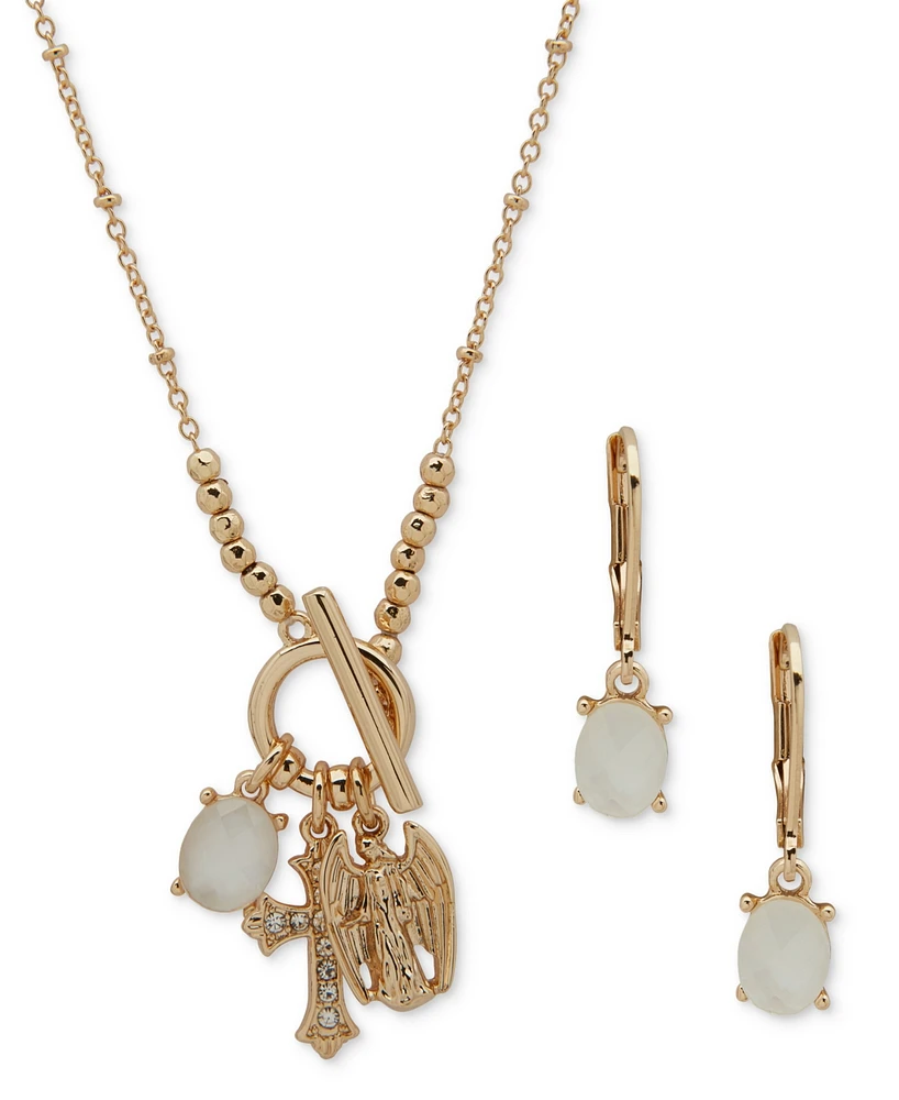 Anne Klein Gold-Tone Mixed Stone Cross Multi-Charm Pendant Necklace & Drop Earrings Set