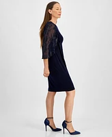 Connected Petite Lace-Sleeve Side-Gathered Sheath Dress