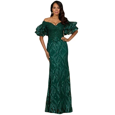 Lara Women's Off shoulder mermaid beaded gown with tiered sleeves