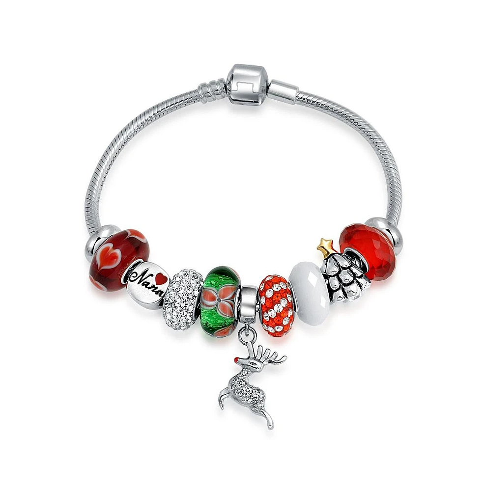 Bling Jewelry Christmas Holiday Rudolph Reindeer Nana Theme European Bead Charm Bangle Bracelet For Women Sterling Silver Barrel Clasp