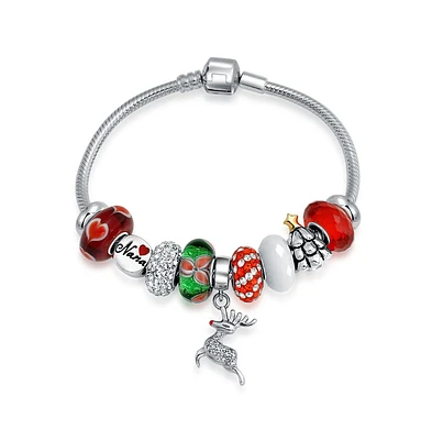 Bling Jewelry Christmas Holiday Rudolph Reindeer Nana Theme European Bead Charm Bangle Bracelet For Women Sterling Silver Barrel Clasp