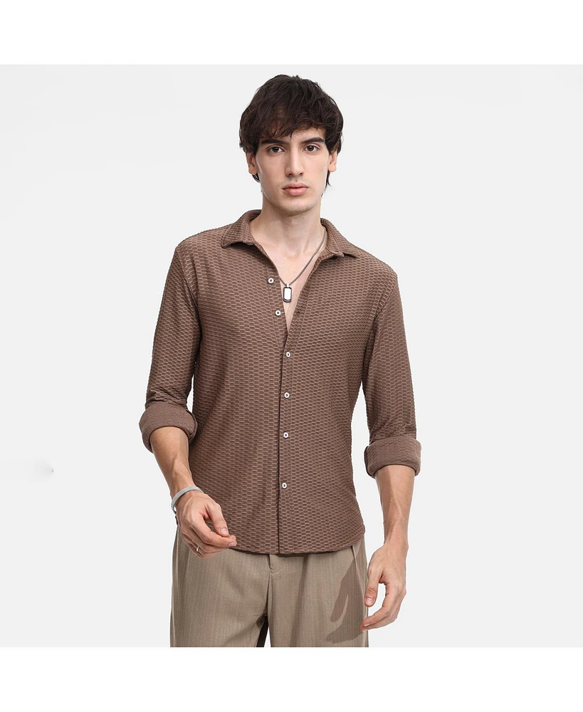 Campus Sutra Men's Mocha Brown Hive-Textured Shirt