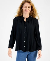 Style & Co Petite Ruffle-Neck Button-Front Long-Sleeve Top, Created for Macy's