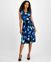 Kasper Women's Floral Cowlneck Fit & Flare Dress, Regular Petite