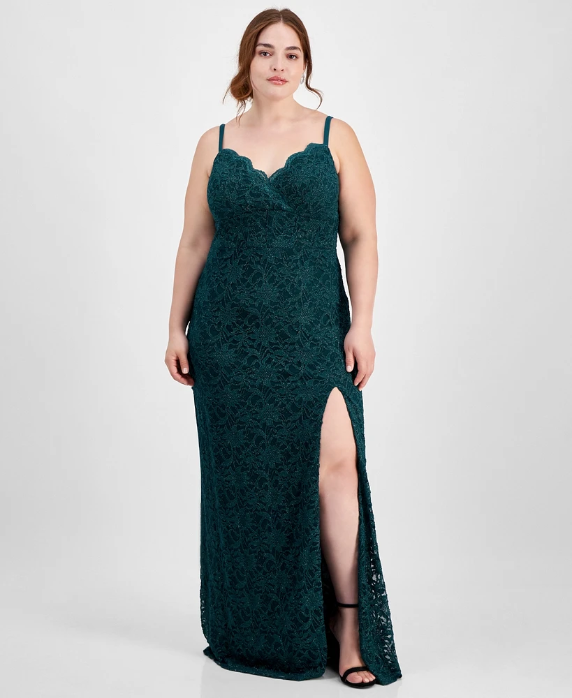 City Studios Trendy Plus Glitter Lace Spaghetti-Strap Gown