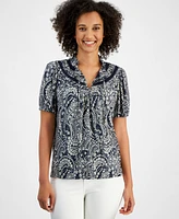 Nautica Jeans Women's Printed Tie-Neck Puff-Sleeve Top