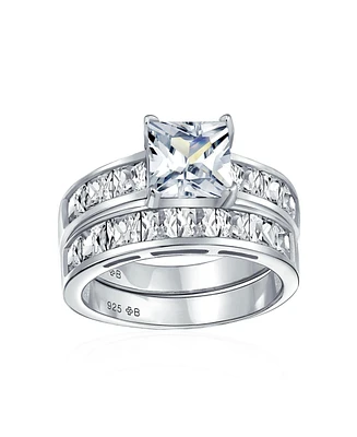 Bling Jewelry 2CT Princess Cut Solitaire Side Stone Cz Square Band Ring Set .925 Sterling Silver