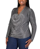 24seven Comfort Apparel Plus Cowl Neck Long Sleeve Shimmery Top