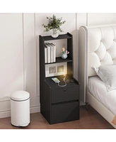Slickblue Modern Nightstand with Charging Station, Night Light, Bookshelf & Storage Cabinet – Black