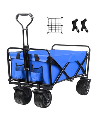 Slickblue Collapsible Heavy-Duty Beach Wagon Cart – Outdoor Folding Utility with Wheels, Adjustable Handle, Blue