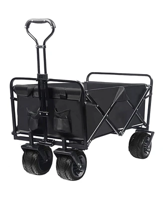 Slickblue Collapsible Heavy-Duty Beach Wagon Cart – Outdoor Folding Utility with Universal Wheels & Adjustable Handle (Black)