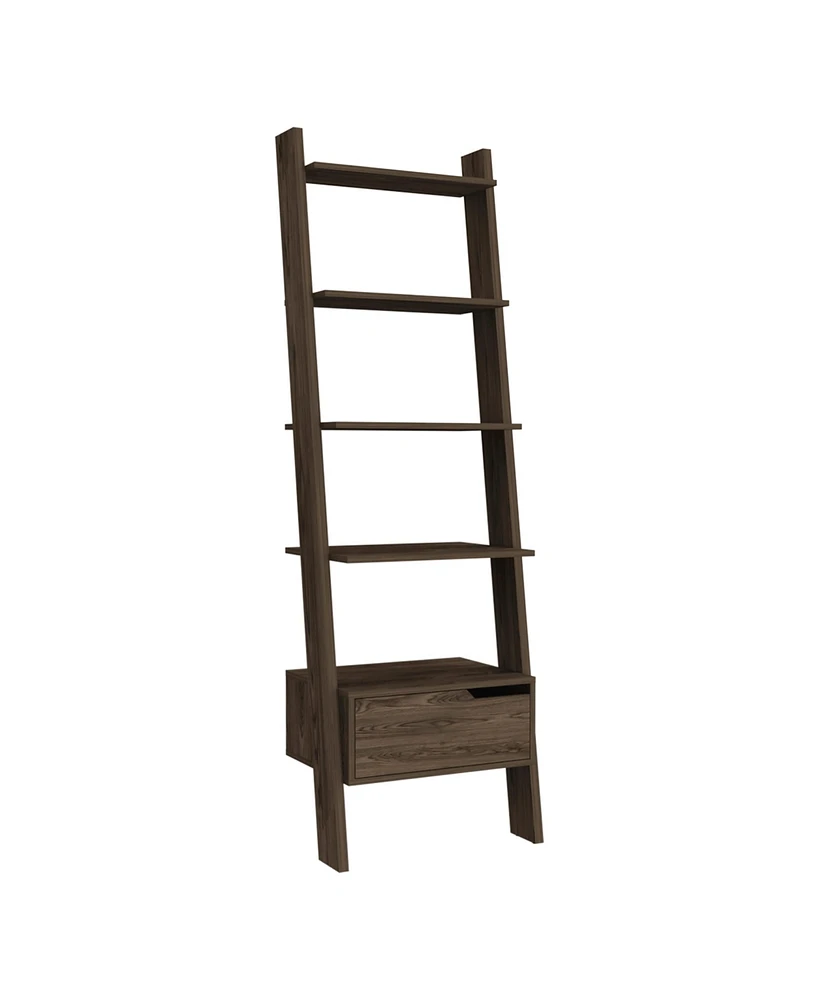 Depot E-shop Kobe Ladder Bookcase, One Drawer, Five Open Shelves, Dark Walnut