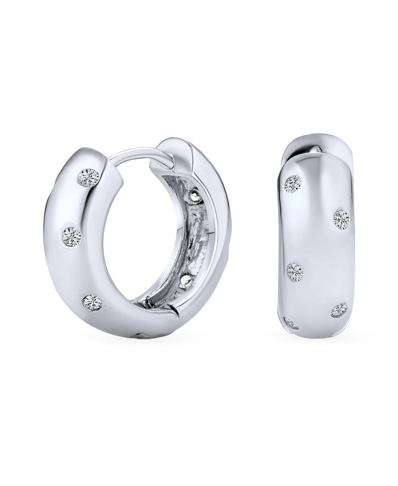 Bling Jewelry Zig Zag Bezel Set Cubic Zirconia Wide Kpop Huggie Hoop Earrings For Women Polished .925 Sterling Silver