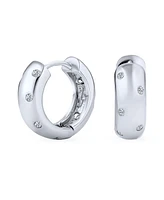 Bling Jewelry Zig Zag Bezel Set Cubic Zirconia Wide Kpop Huggie Hoop Earrings For Women Polished .925 Sterling Silver