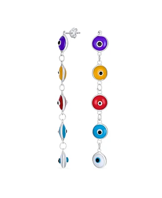 Bling Jewelry Spiritual Protection 2.5 Inch Long Linear Multiple Round Multi Color Evil Eye Dangle Drop Earrings For Women Glass .925 Sterling Silver