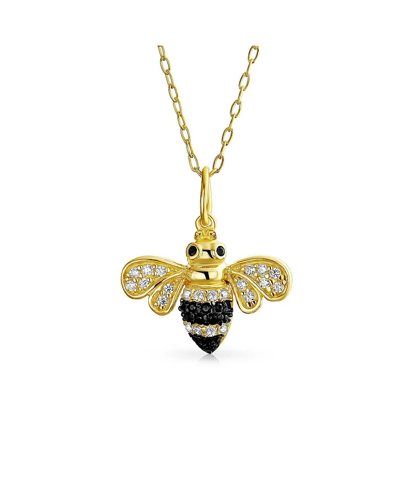 Bling Jewelry Elegant Queen Bee Pendant Necklace for Women - Black and Golden Cubic Zirconia, 14K Yellow Gold Plated, .925 Sterling Silver - Gold