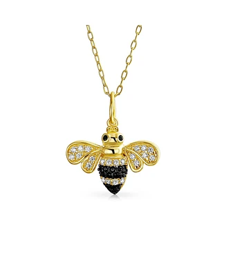 Bling Jewelry Elegant Queen Bee Pendant Necklace for Women - Black and Golden Cubic Zirconia, 14K Yellow Gold Plated, .925 Sterling Silver - Gold