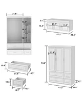 Famapy White 6-Door Big Wardrobe Armoires with Hanging Rod, 4-Drawers