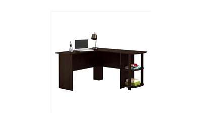 Slickblue L-Shaped Wood Right-angle Computer Desk with Two-layer Bookshelves Dark Brown