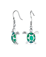 Bling Jewelry Nautical Aquatic Tropical Beach Vacation Iridescent Green Created Opal Inlay Sea Tortoise Turtle Dangle Drop Earrings For Women .925 Ste