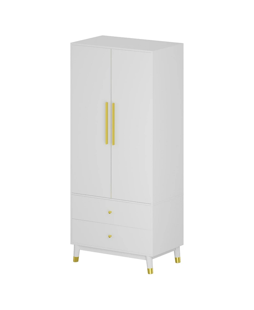 Famapy White Wooden Wardrobe, Armoire with 1-Large Shelf, Hanging Bar and 2-Drawers