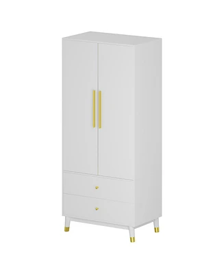 Famapy White Wooden Wardrobe, Armoire with 1-Large Shelf, Hanging Bar and 2-Drawers