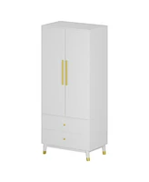 Famapy White Wooden Wardrobe, Armoire with 1-Large Shelf, Hanging Bar and 2-Drawers