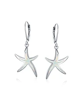 Bling Jewelry Nautical Aquatic Tropical Beach Vacation Iridescent White Created Opal Inlay Starfish Dangle Drop Lever back Earrings For Women .925 Ste