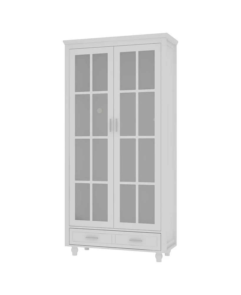 Famapy White Storage Cabinet Bookcase with Tempered Glass Doors,-Drawer