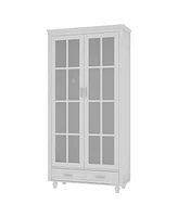 Famapy White Storage Cabinet Bookcase with Tempered Glass Doors,-Drawer