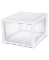 Sterilite 27 Quart Clear & White Plastic Storage Bin with One Drawer, 12 Pack