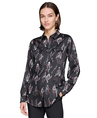 Karl Lagerfeld Paris Women's Printed Utility Button-Front Top