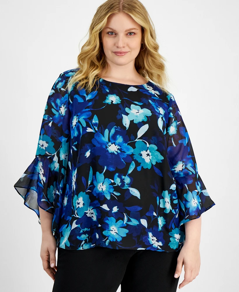 Kasper Plus Floral Ruffled 3/4-Sleeve Top