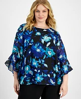 Kasper Plus Floral Ruffled 3/4-Sleeve Top