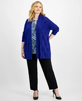 Kasper Plus Open-Front Pointelle Patterned Cardigan