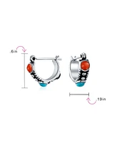 Bling Jewelry Western Boho Multi Color Black Red Blue Natural Turquoise Carnelian Onyx Bead Small Huggie Hoop Earrings .925 Sterling Silver