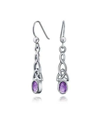 Bling Jewelry Natural Amethyst Celtic Irish Love Knot Work Purple Oval Bezel Set Fish Hook Dangle Earrings .925 Sterling Silver