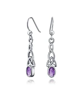 Bling Jewelry Natural Amethyst Celtic Irish Love Knot Work Purple Oval Bezel Set Fish Hook Dangle Earrings .925 Sterling Silver