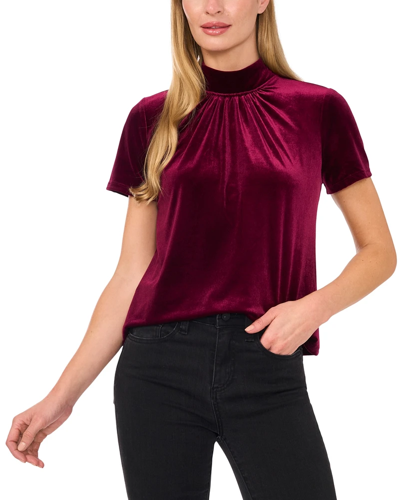 CeCe Women's Velvet Mock-Neck Tie-Back Short-Sleeve Top