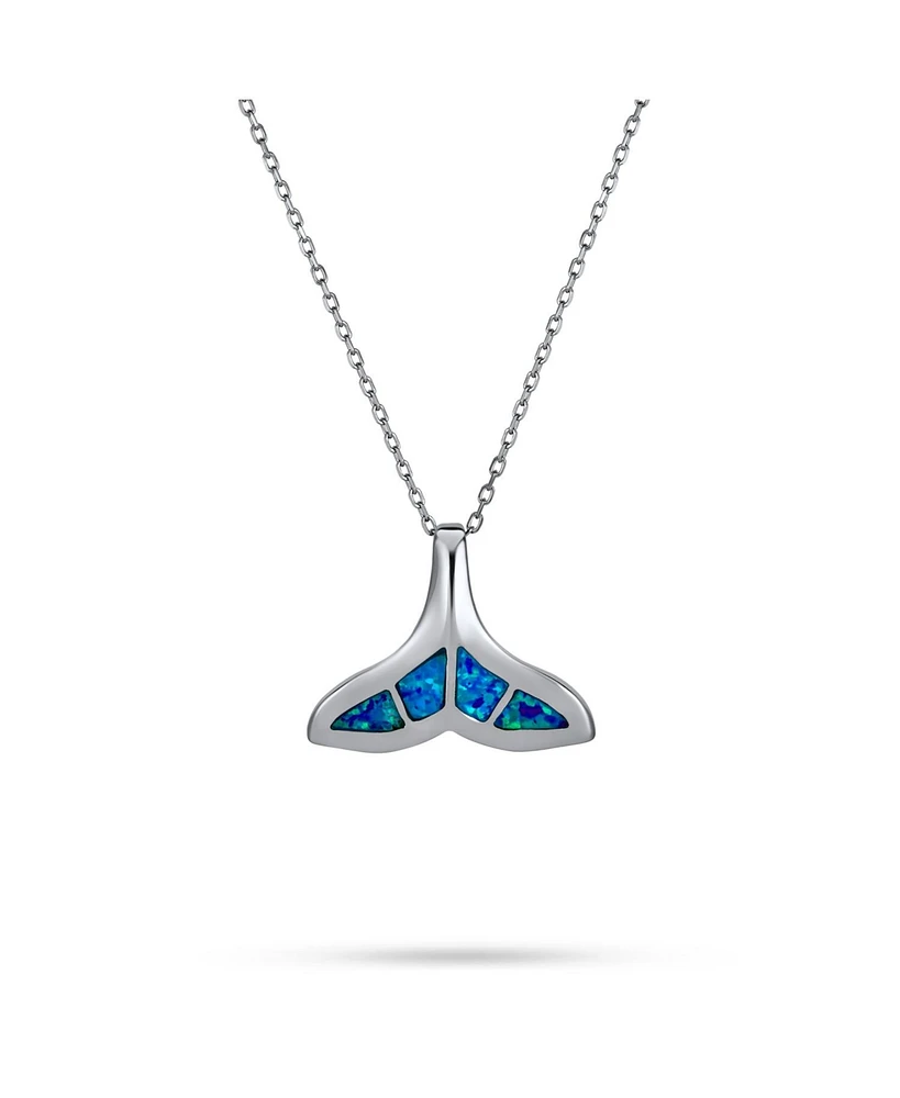 Bling Jewelry Nautical Blue Inlay Created Opal Fish Fin Whale Tail Pendant Necklace For Women .925 Sterling Silver